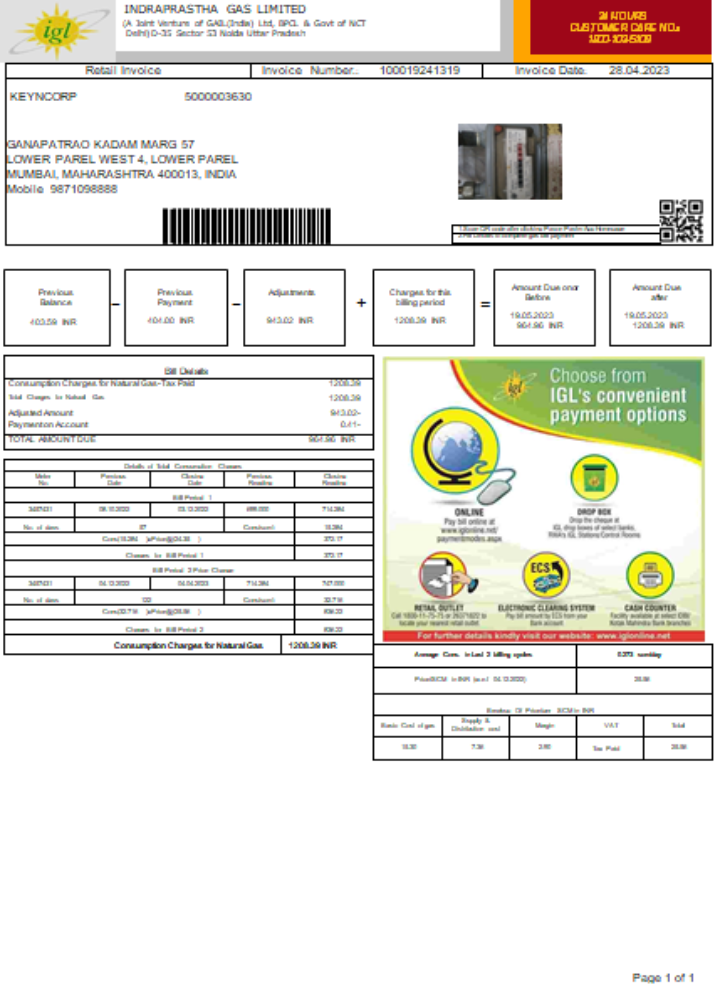 Indraprastha Gas Limited (IGL)utility business bill, SCR PSD template